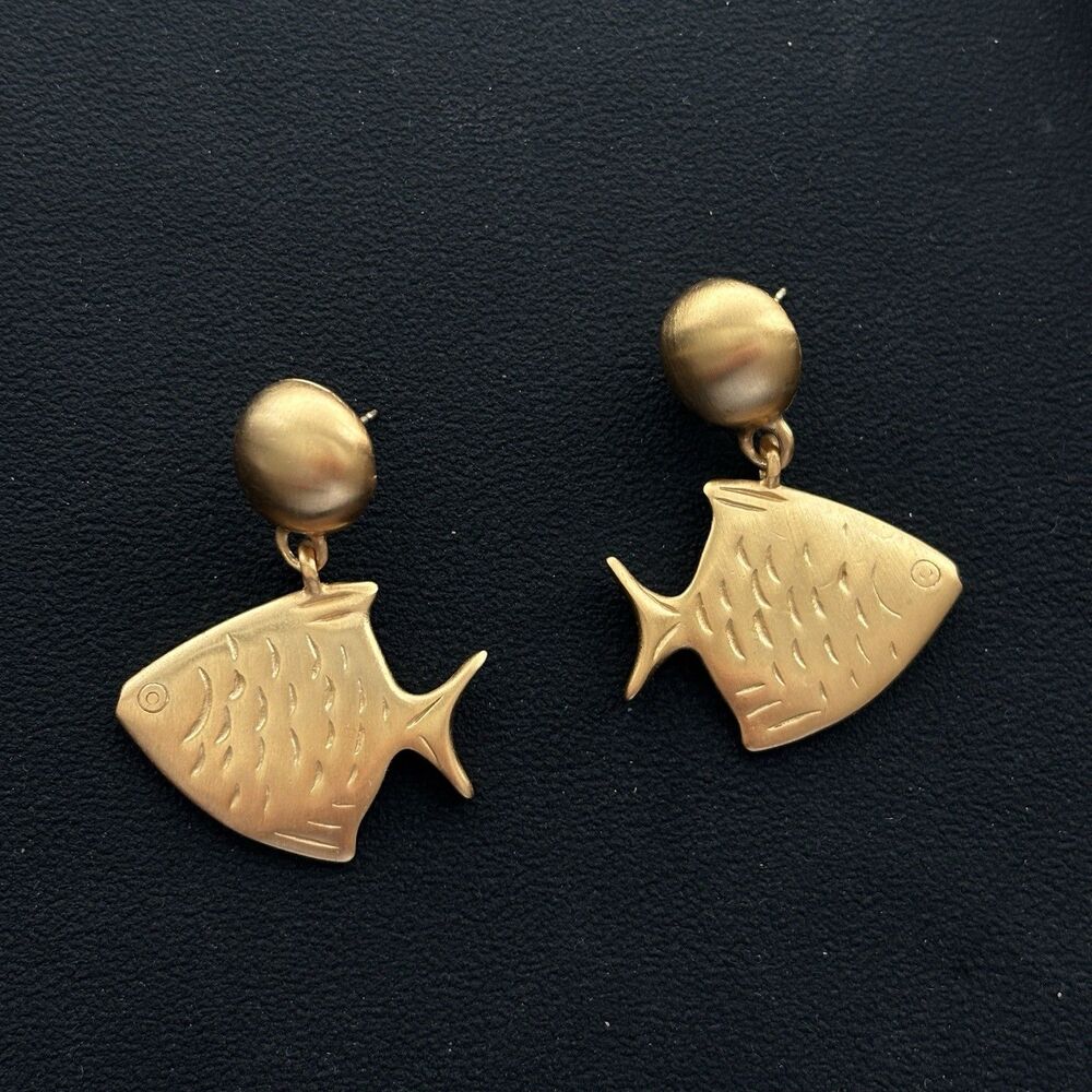Vintage Anne Klein AK Matte Gold Tone Fish Dangle Pierced Earrings